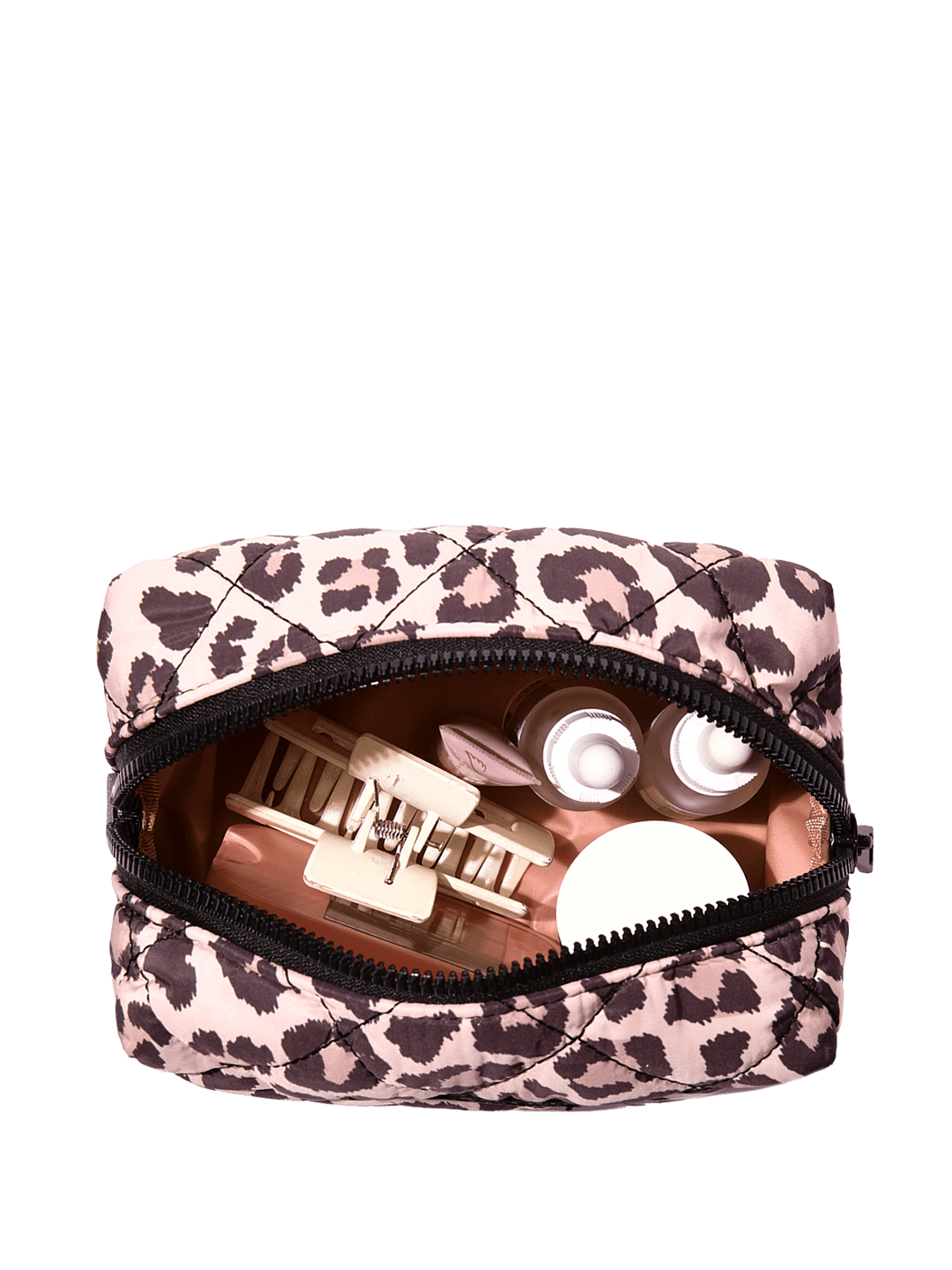 Leopard print makeup bag with cosmetic items on a transparent background