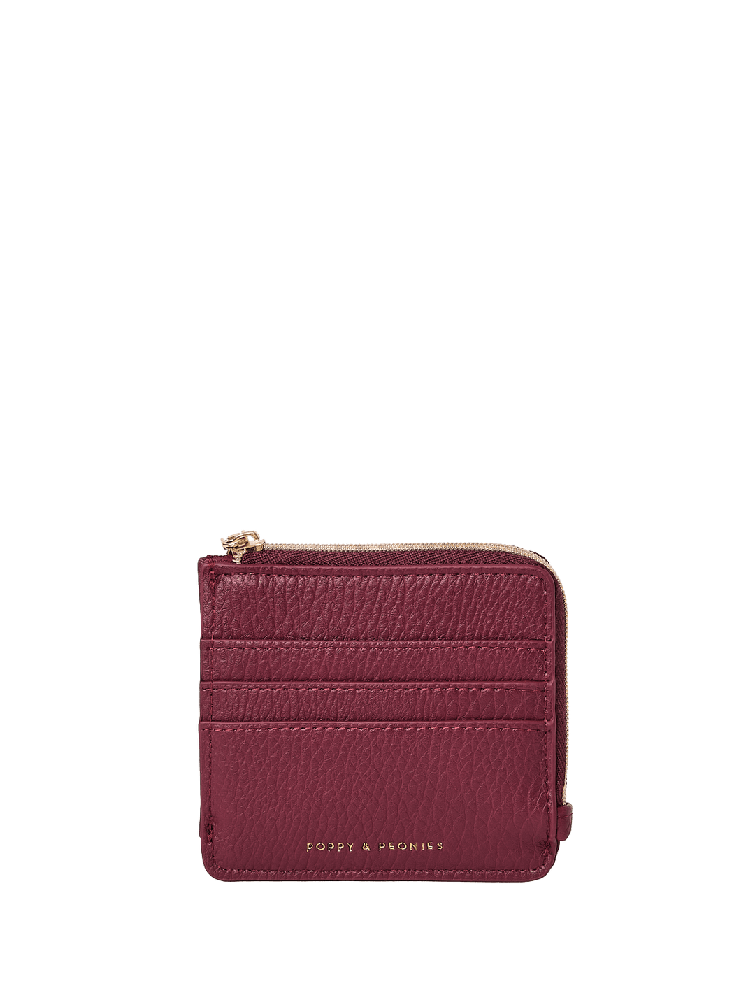 Berry coloured wallet with gold zipper on a transparent background