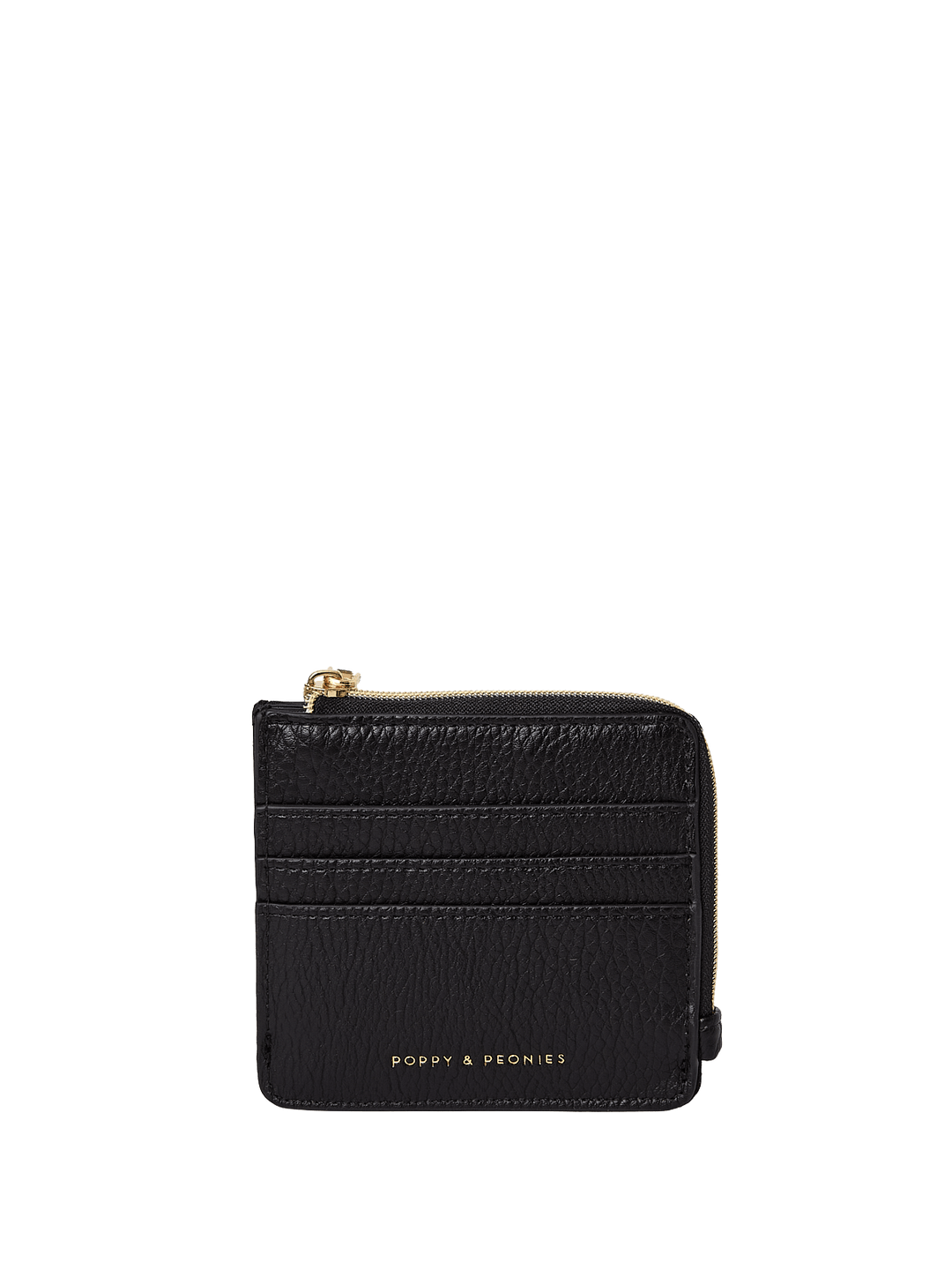 Black vegan leather wallet with gold zipper on a transparent background