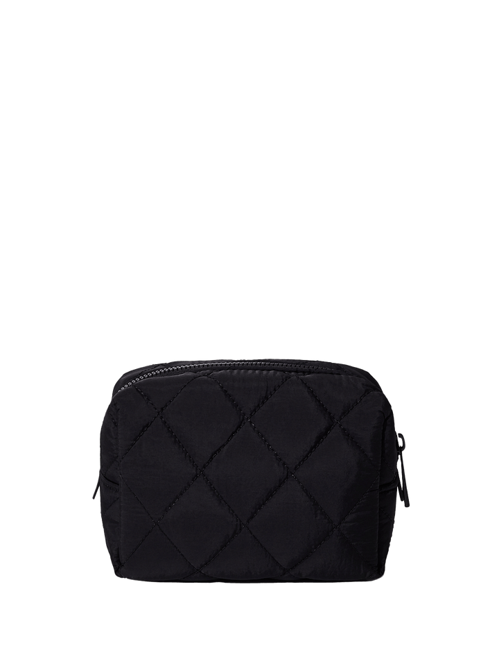 Black quilted cosmetic bag on a transparent background