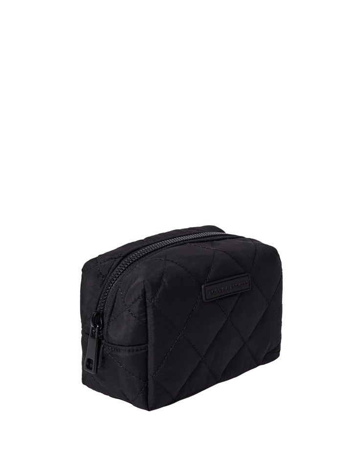 Black quilted makeup bag on a transparent background