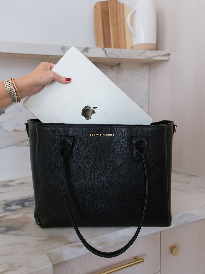Poppy & Peonies Double Duty Tote in Black fitting a laptop for work, travel and daily organization.