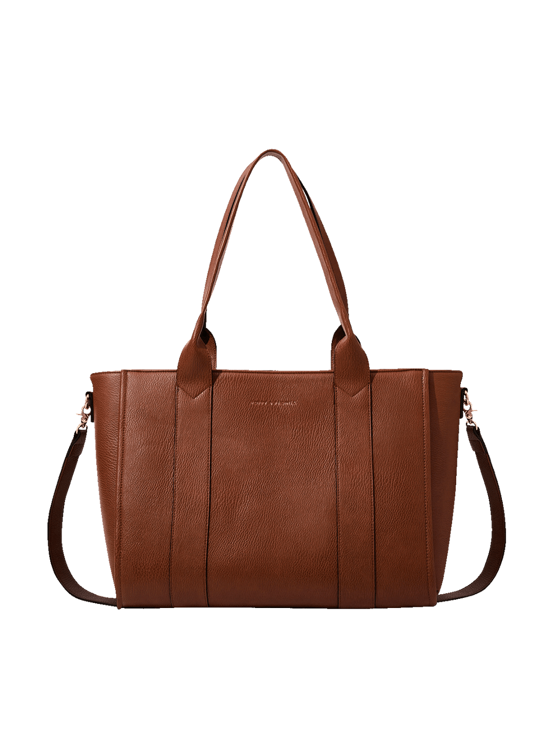 Poppy and Peonies Multitasker Set in Chestnut, featuring a brown faux-leather tote bag with dual top handles and a detachable shoulder strap, displayed against a plain white background.