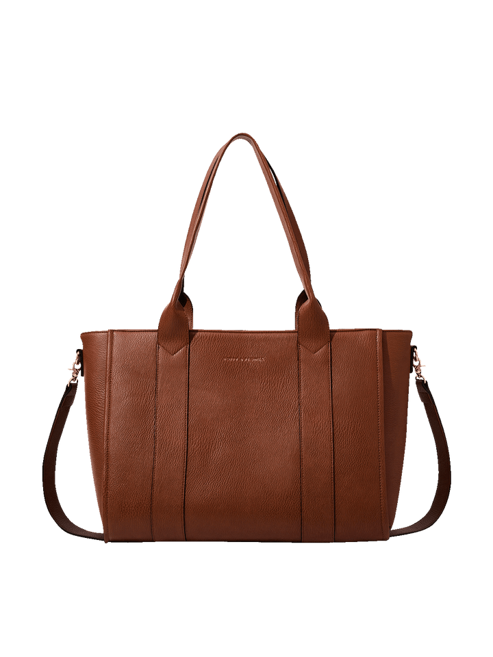 Poppy and Peonies Multitasker Set in Chestnut, featuring a brown faux-leather tote bag with dual top handles and a detachable shoulder strap, displayed against a plain white background.
