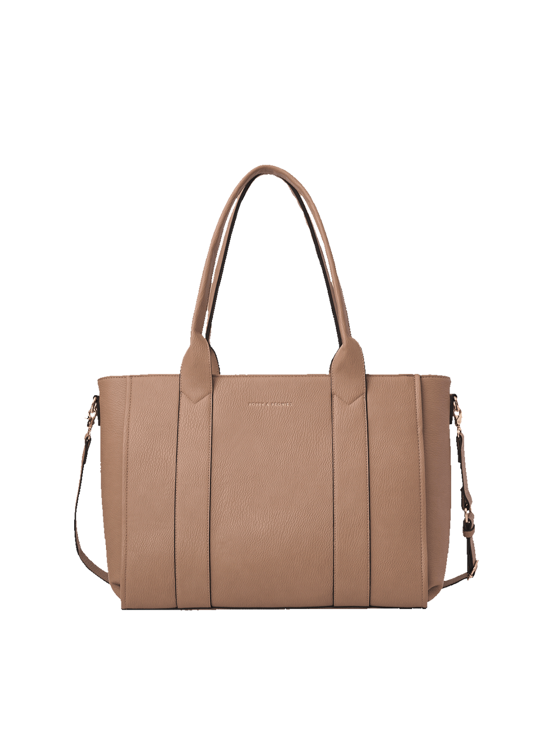 Poppy and Peonies Multitasker Mocha Mousse featuring a structured tote design with a textured taupe-brown exterior, double shoulder handles, vertical stitched detailing, gold-tone hardware, and detachable crossbody strap.