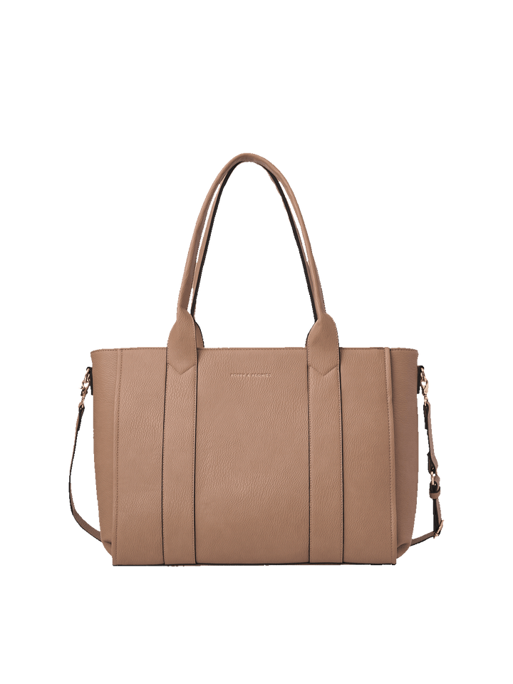 Poppy and Peonies Multitasker Mocha Mousse featuring a structured tote design with a textured taupe-brown exterior, double shoulder handles, vertical stitched detailing, gold-tone hardware, and detachable crossbody strap.
