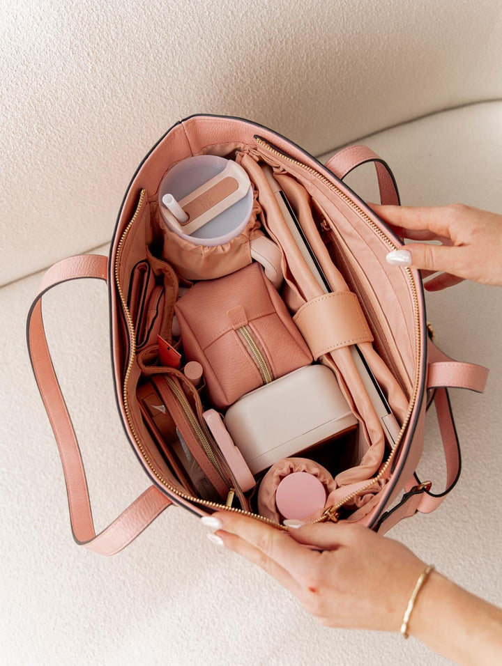 Open pink vegan leather tote bag