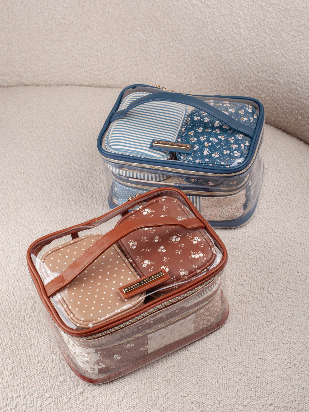 Poppy & Peonies Getaway Cosmetic Set in Brown Patchwork and Navy Patchwork cosmetic cases.