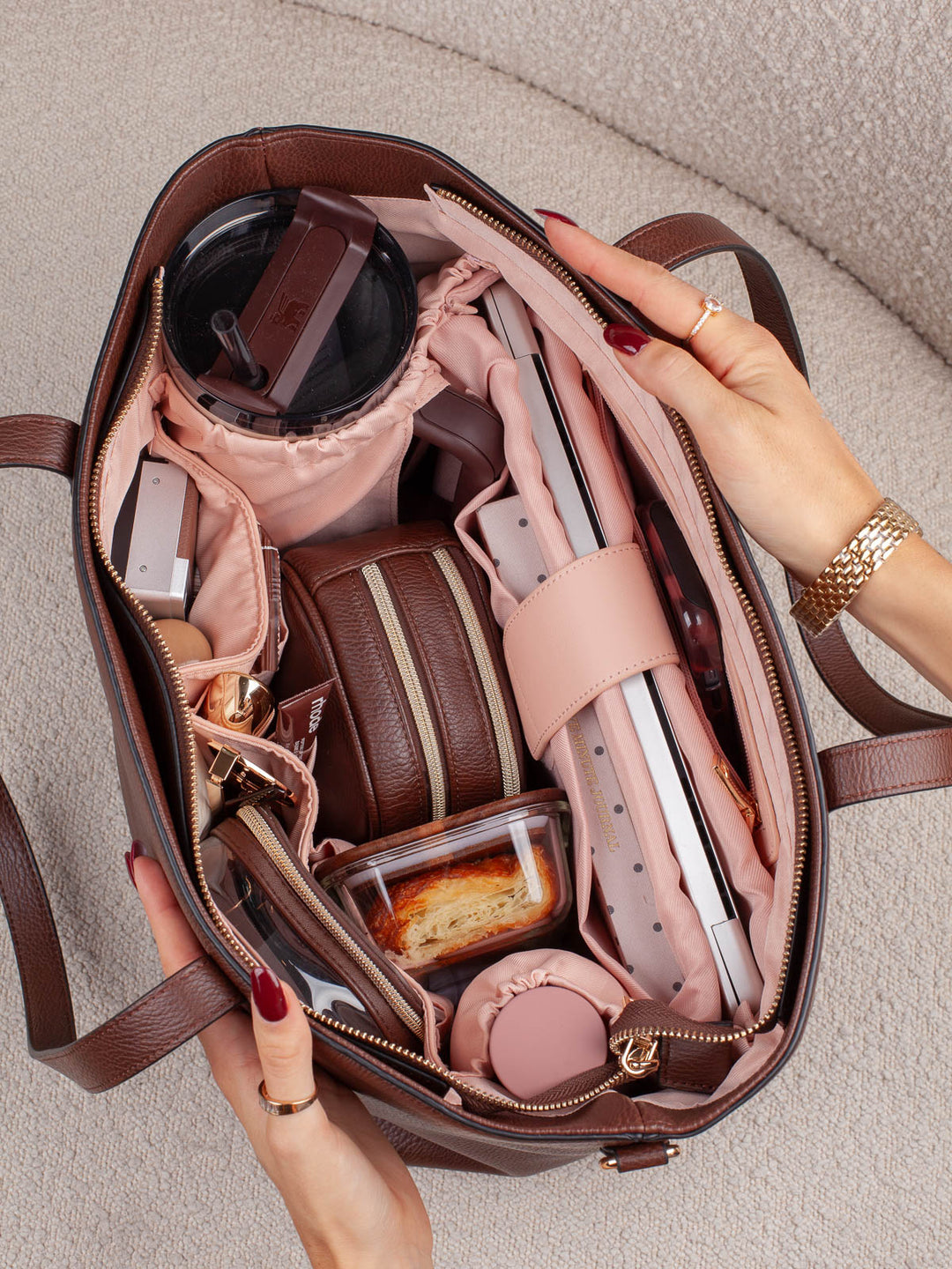 Poppy & Peonies Go-Getter Tote in Espresso open with organized interior compartments.