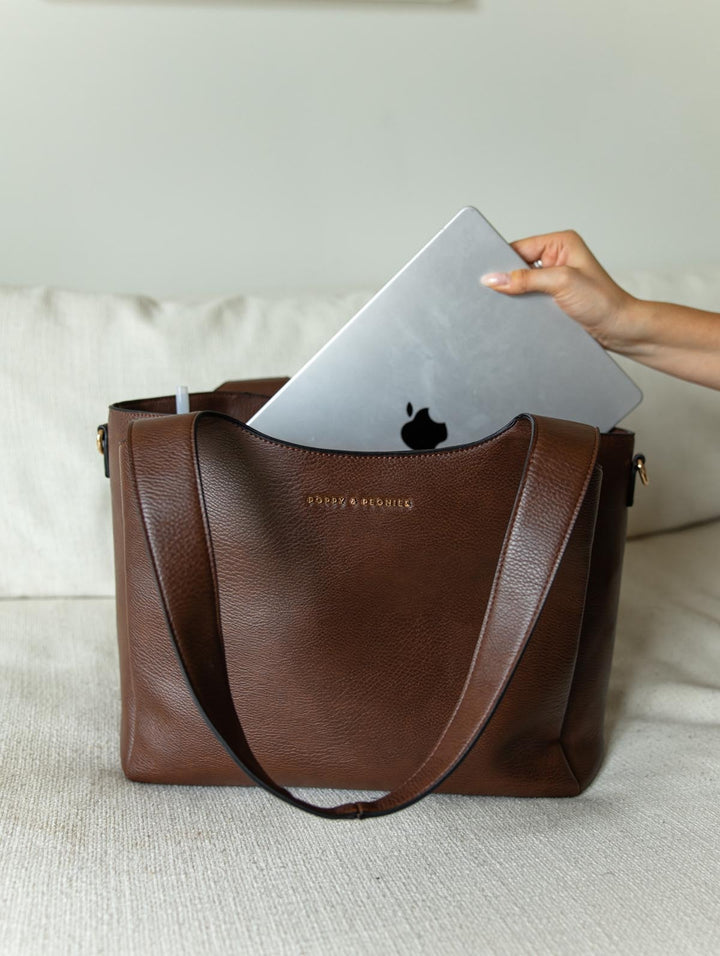 Poppy & Peonies The Companion Tote in Espresso with laptop, showcasing the padded laptop compartment for organized everyday carry.