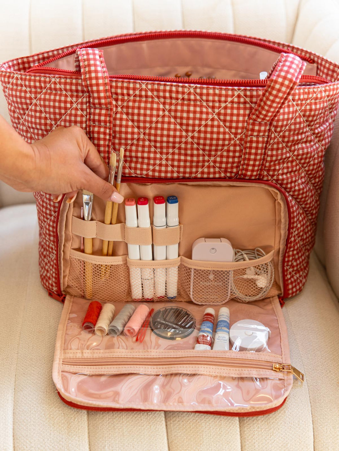 Poppy & Peonies Analog Tote in Heart Berry Gingham open organizational compartment, featuring elastic holders, mesh pockets and neatly stored craft essentials.