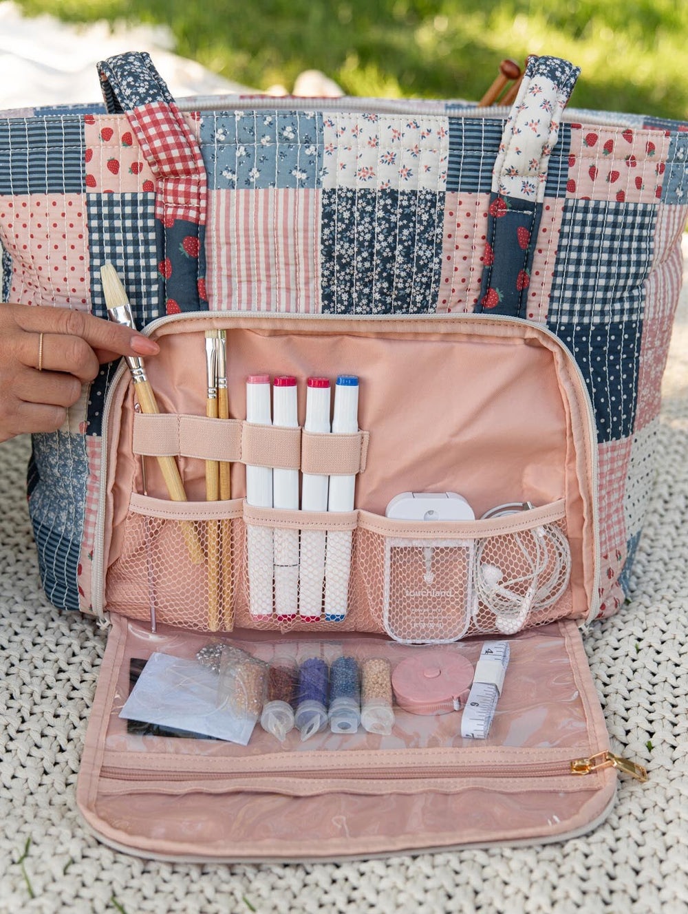 Poppy & Peonies Analog Tote in Strawberry Patchwork open back compartment, featuring organized pockets holding pens, tech accessories and smaller essentials.