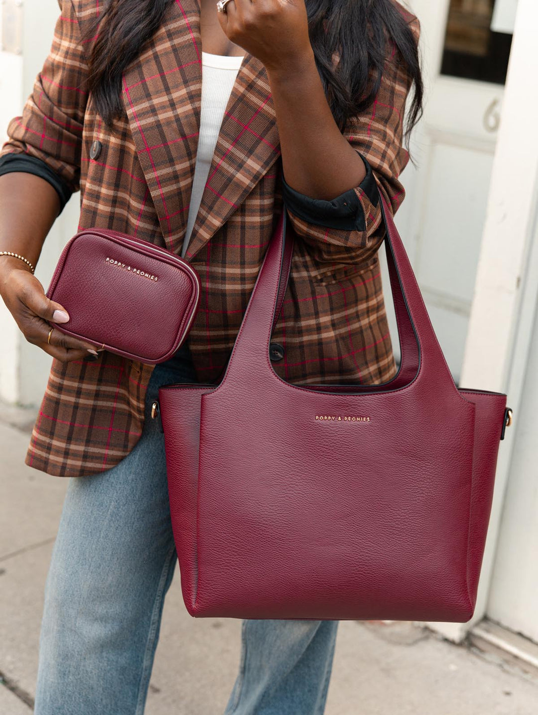 Poppy & Peonies Prime Day Duo in Berry styled together, featuring The Companion Tote and coordinating Pretty Connected Case for everyday organization.