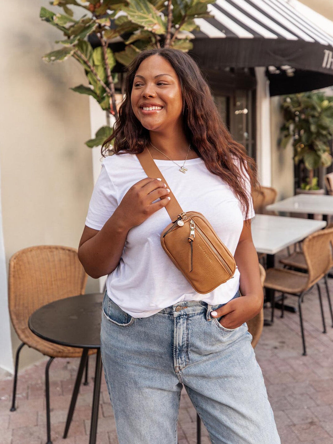 On The Run belt bag vegan leather camel