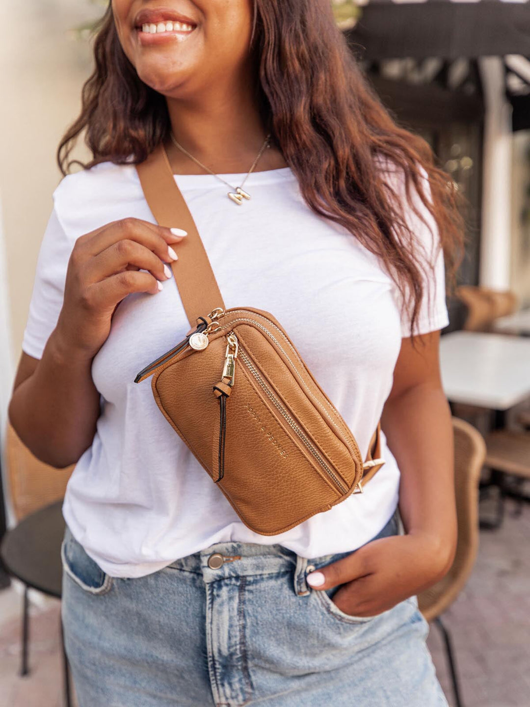 On The Run belt bag vegan leather camel