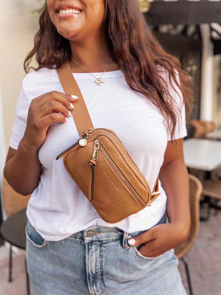On The Run belt bag vegan leather camel