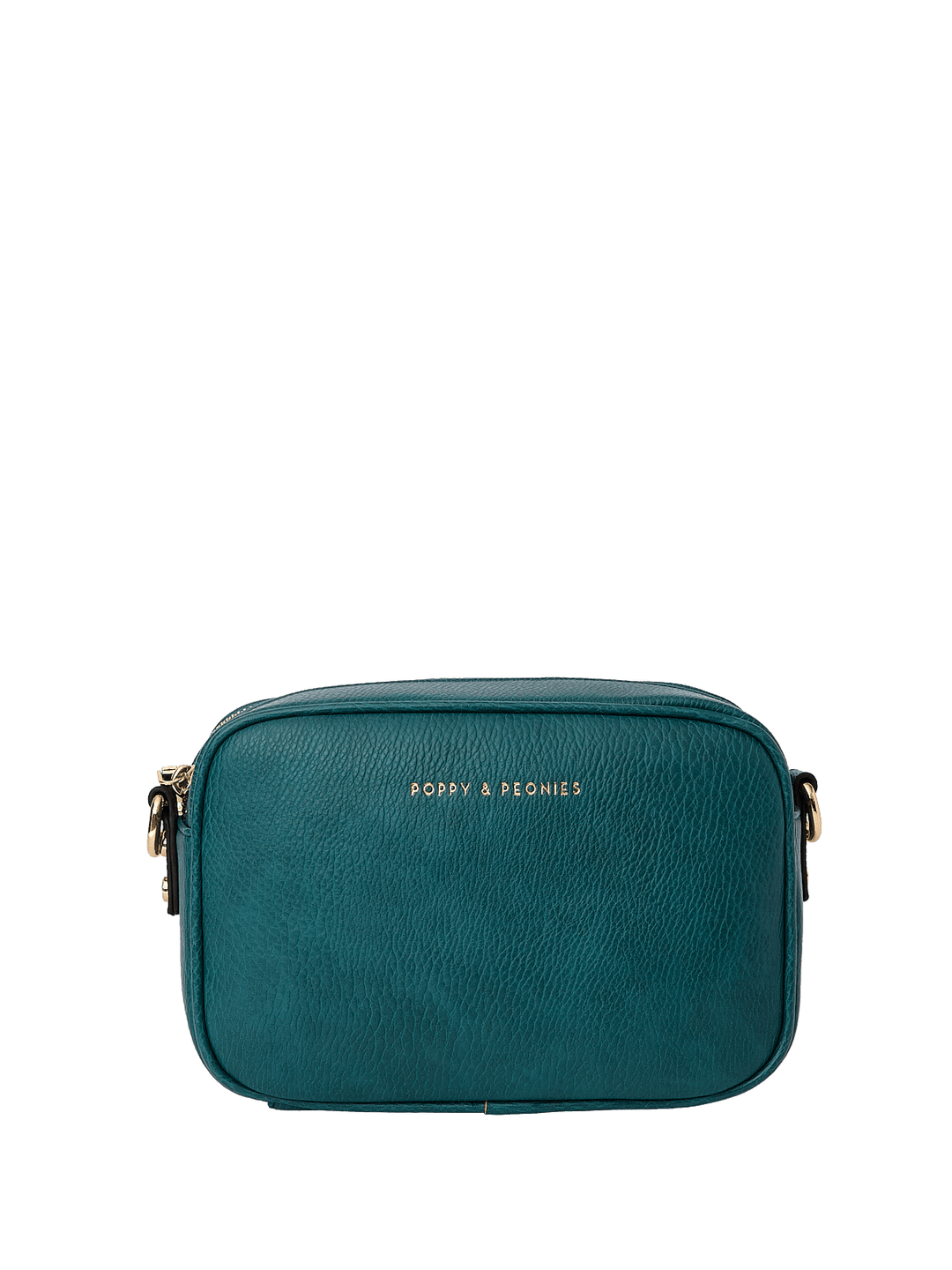 Teal crossbody bag with 'Poppy and Peonies' branding on a transparent background