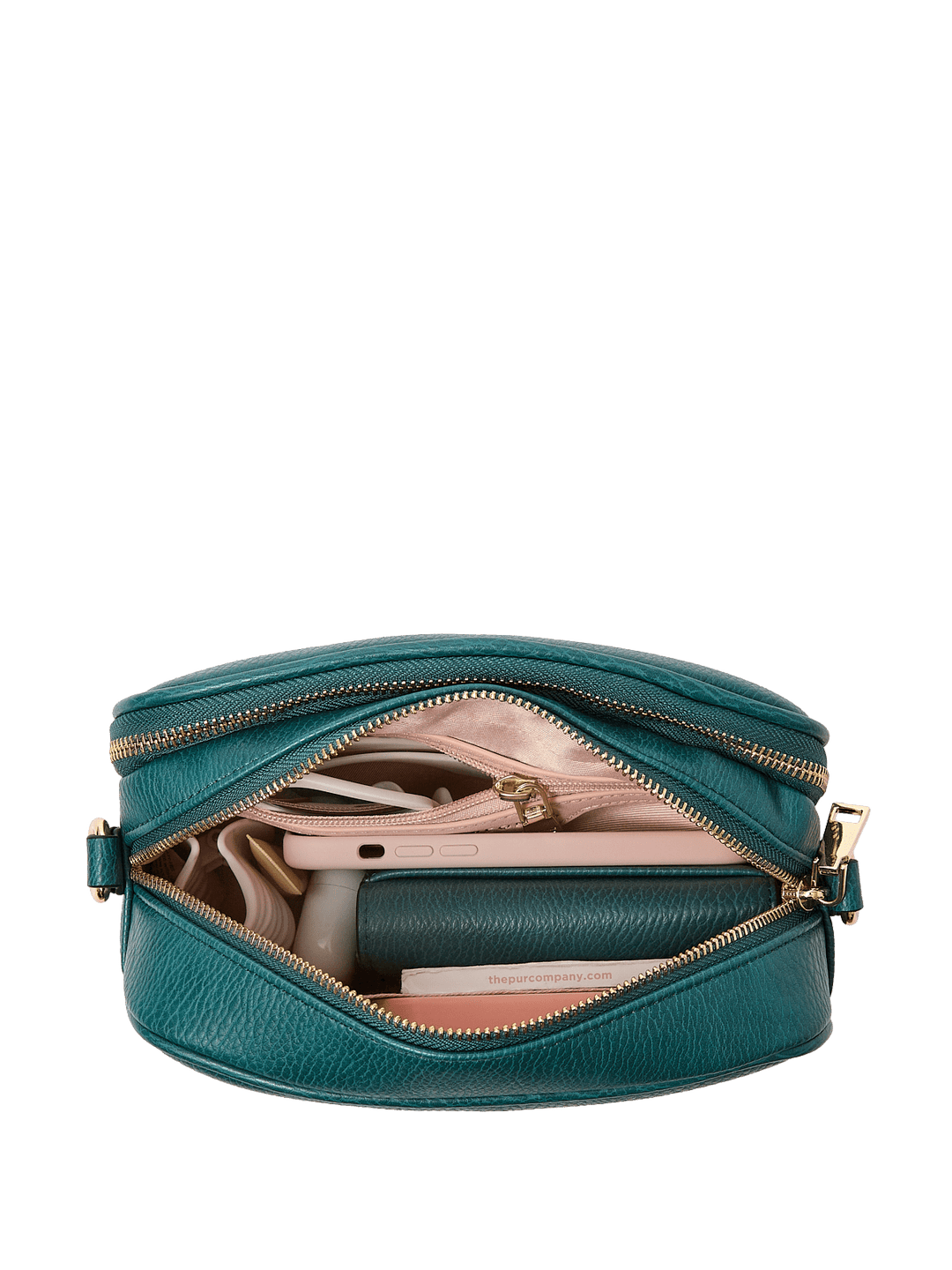 Open teal crossbody bag with a gold zipper