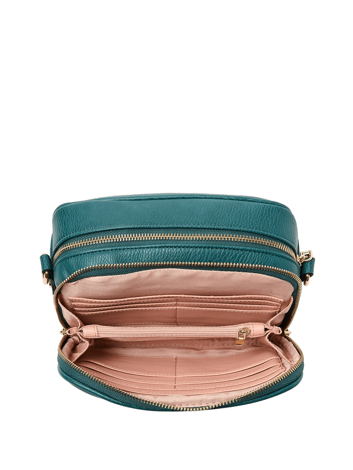 Open teal handbag with pink interior on a transparent background
