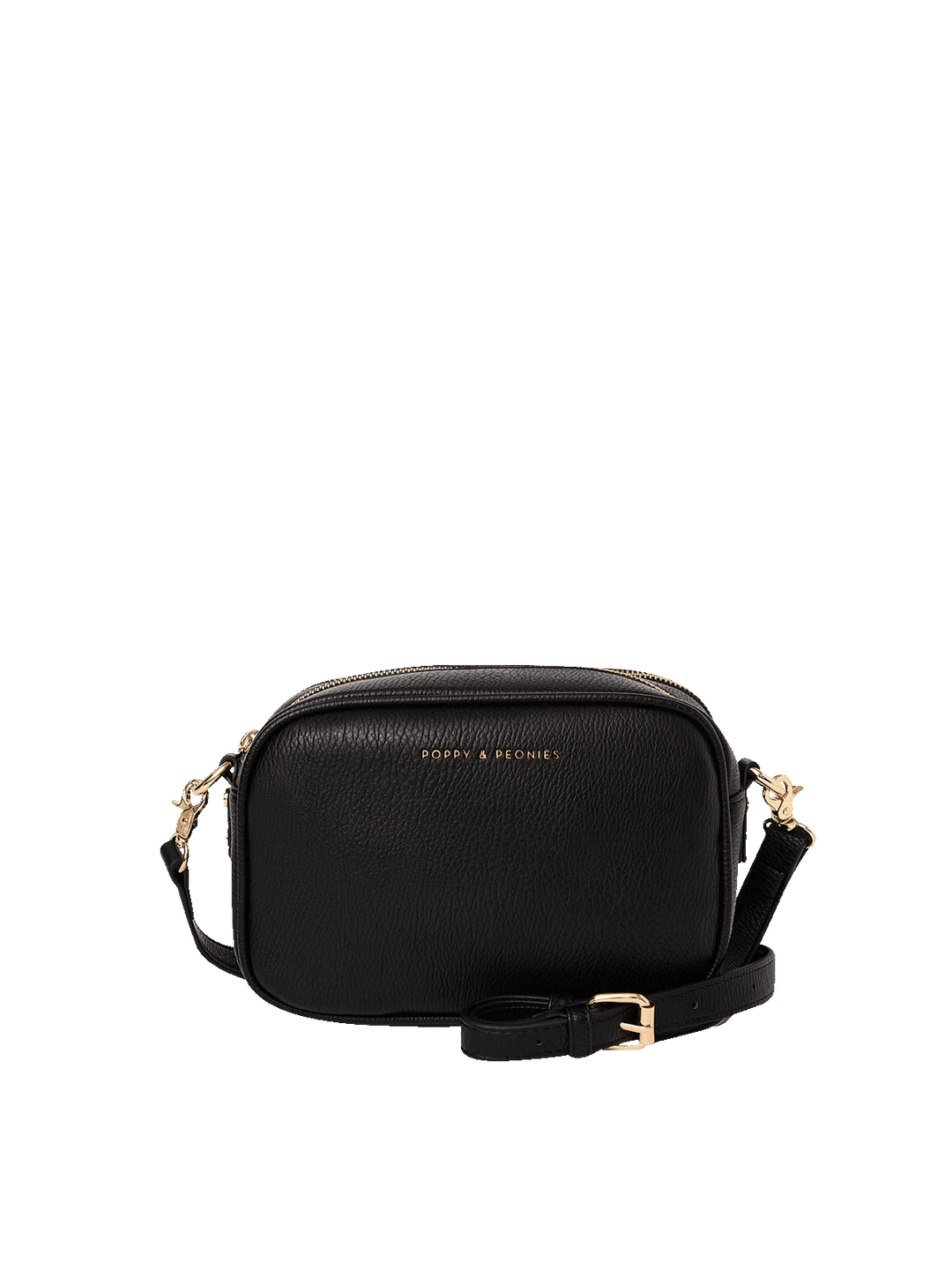 Poppy and Peonies 24/7 Crossbody Black featuring a structured rectangular silhouette, pebbled texture, gold-tone hardware, and adjustable shoulder strap.