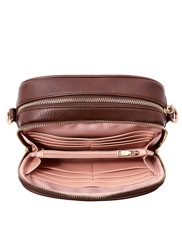 24/7 Crossbody in Espresso with zippered coin compartment and interior organization