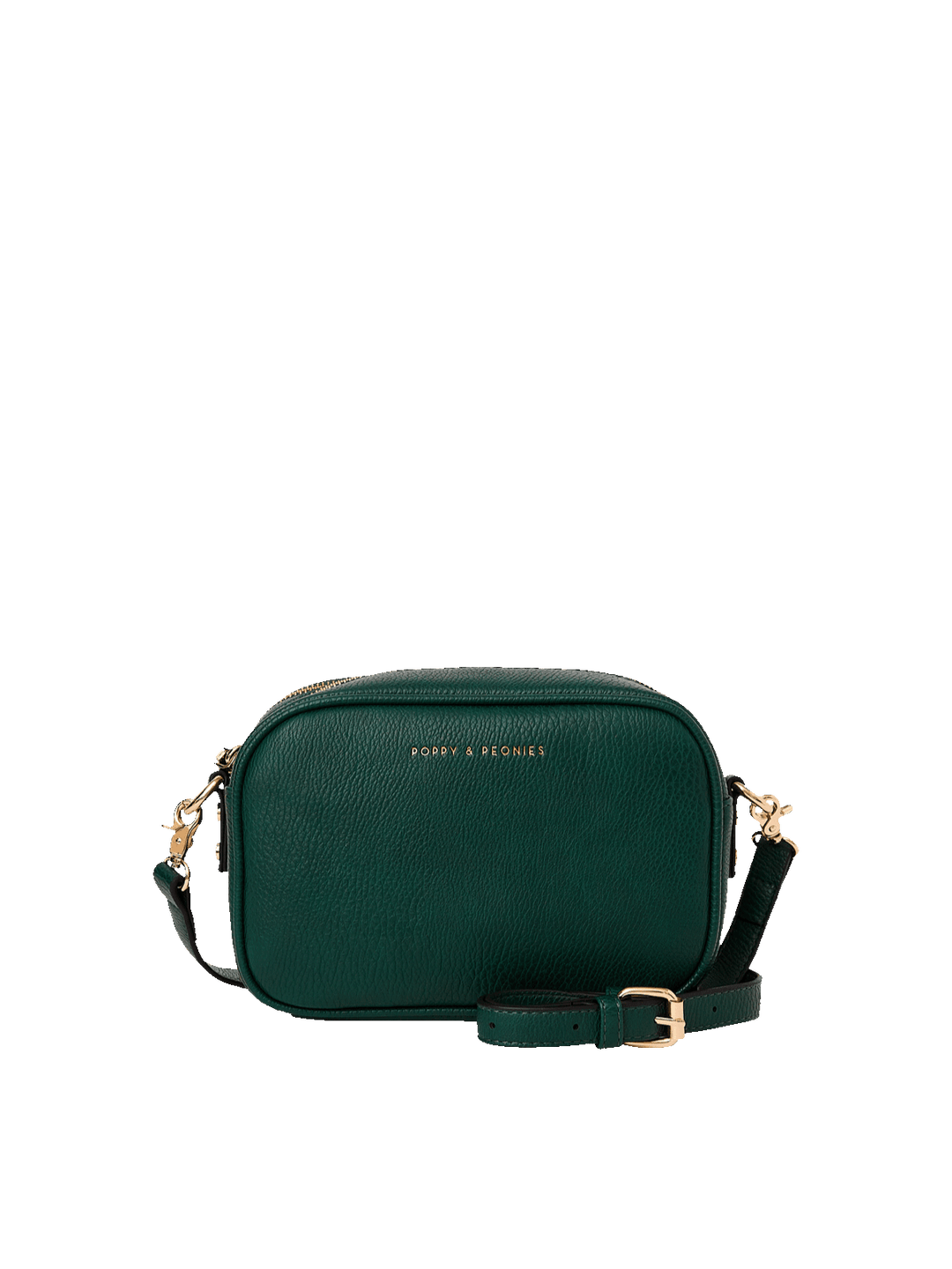 Poppy and Peonies 24/7 Crossbody Heritage Green featuring a compact rectangular crossbody bag with a textured dark green exterior, adjustable shoulder strap, gold-tone hardware, and subtle front logo