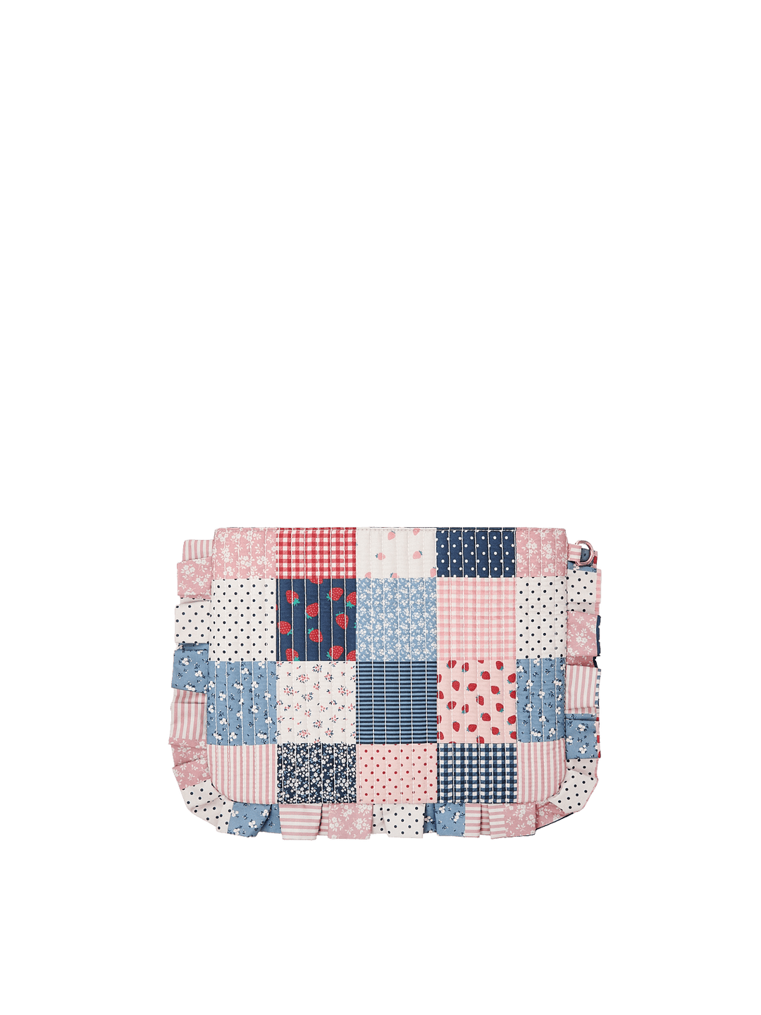 Poppy & Peonies 2-Piece Darling Ruffle Set Strawberry Patchwork pouch back view, featuring a quilted patchwork design and ruffle trim.