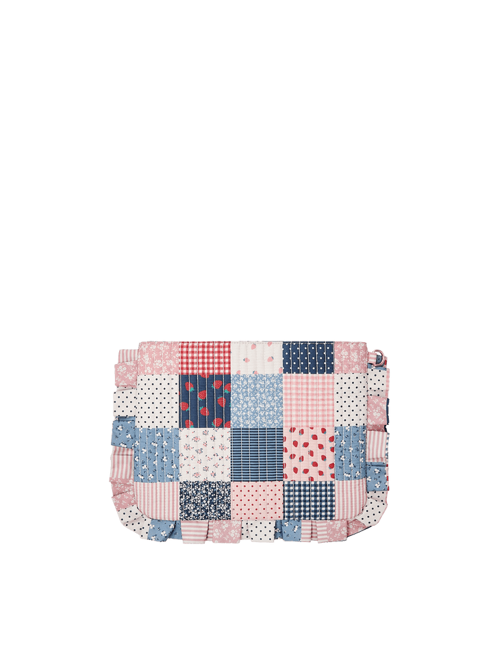 Poppy & Peonies 2-Piece Darling Ruffle Set Strawberry Patchwork pouch back view, featuring a quilted patchwork design and ruffle trim.