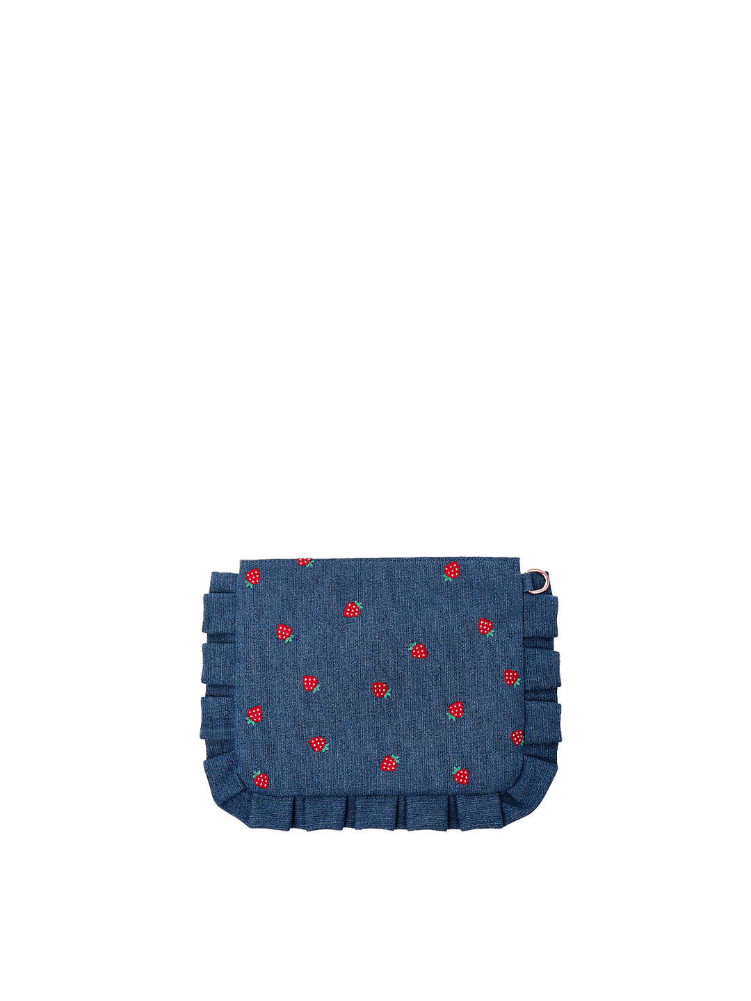 Poppy & Peonies 2-Piece Darling Ruffle Set Denim Strawberry pouch back view, featuring a quilted strawberry denim design and ruffle trim.