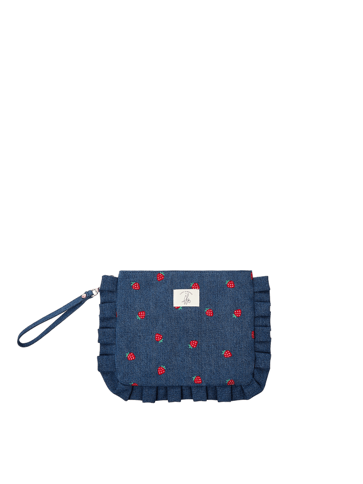 Poppy & Peonies 2-Piece Darling Ruffle Set in Strawberry Denim print front view, featuring a quilted pouch with wristlet strap and ruffle trim.