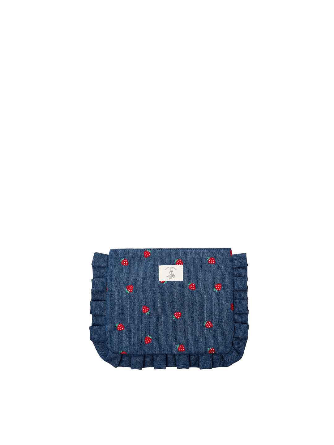 Poppy & Peonies 2-Piece Darling Ruffle Set Strawberry denim pouch front view, featuring a quilted denim strawberry design with ruffle trim.