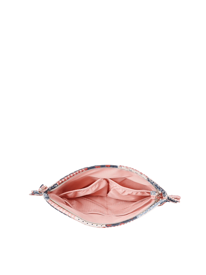 Poppy & Peonies 2-Piece Darling Ruffle Set Strawberry Patchwork pouch open top view, showing the blush-pink lined interior.