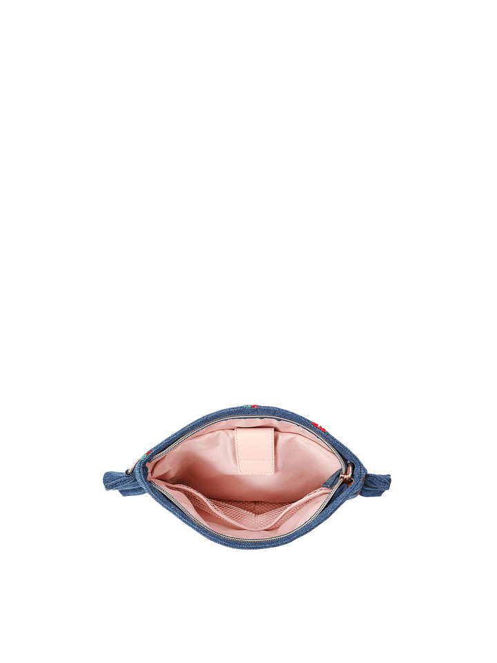 Poppy & Peonies 2-Piece Darling Ruffle Set Strawberry Denim pouch open top view, showing the blush-pink lined interior.