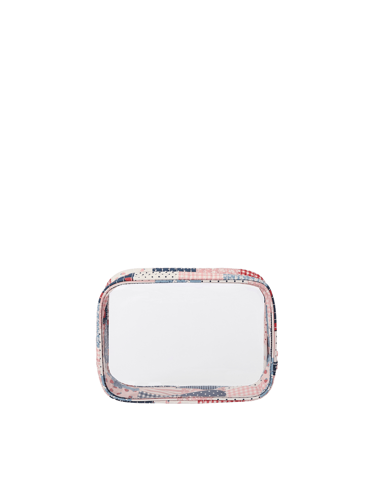 Poppy & Peonies Clearly Organized Set case back view, featuring a clear panel, patchwork trim and zip-around closure.