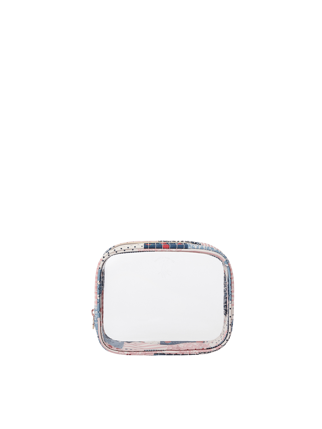 Poppy & Peonies Clearly Organized Set medium case front view, featuring a clear panel, patchwork trim and zip-around closure.