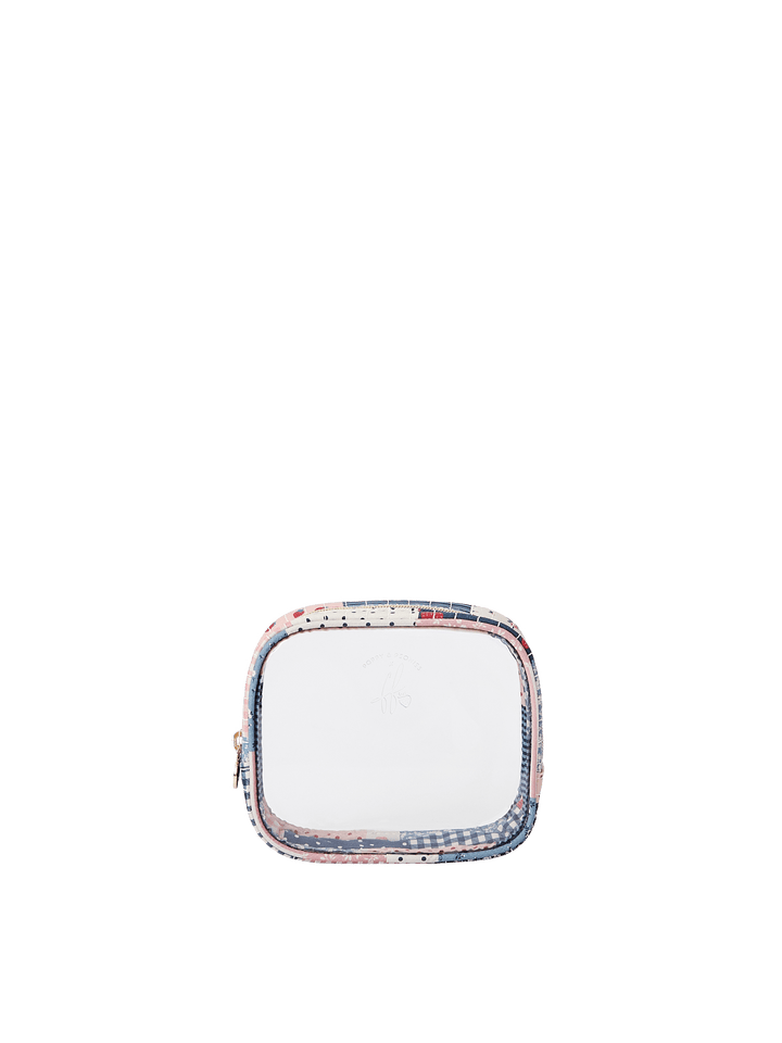 Poppy & Peonies Clearly Organized Set small case front view, featuring a clear panel, patchwork trim and zip-around closure.