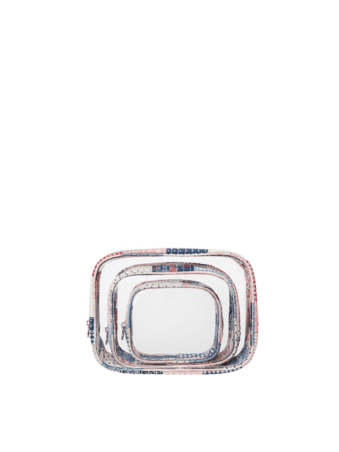 Poppy & Peonies Clearly Organized Set in Strawberry Patchwork, featuring three clear cosmetic cases in small, medium and large sizes with quilted patchwork trim.