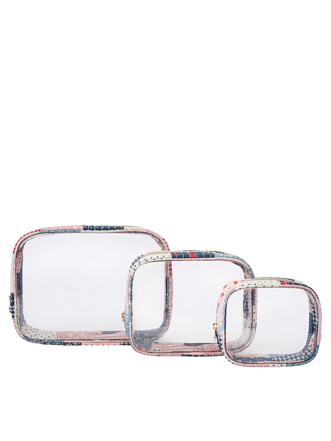 Poppy & Peonies Clearly Organized Set in Strawberry Patchwork, featuring three coordinating clear zippered organizer cases in small, medium and large sizes with quilted patchwork trim.