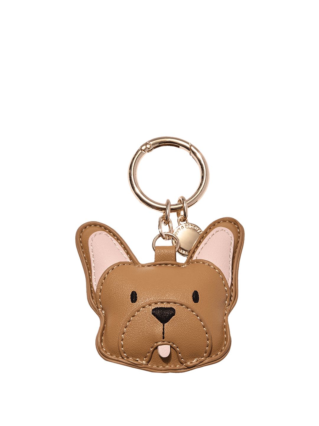 Brown vegan leather French Bulldog bag charm with gold ring.