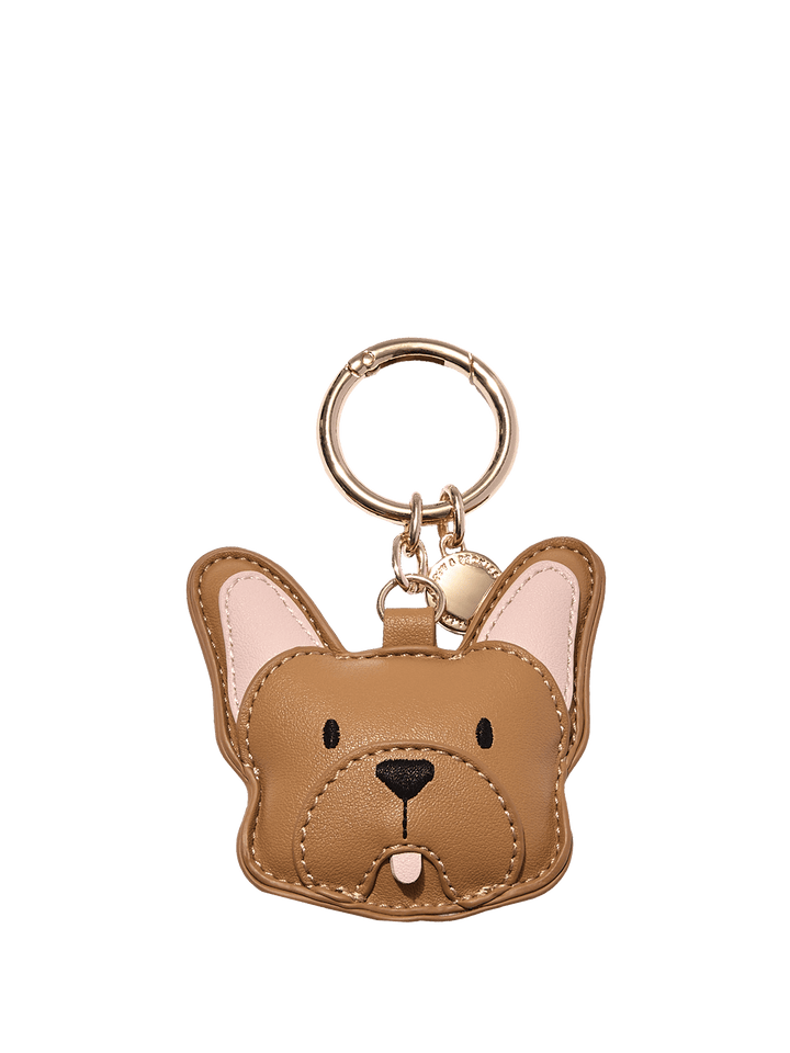 Brown vegan leather French Bulldog bag charm with gold ring.