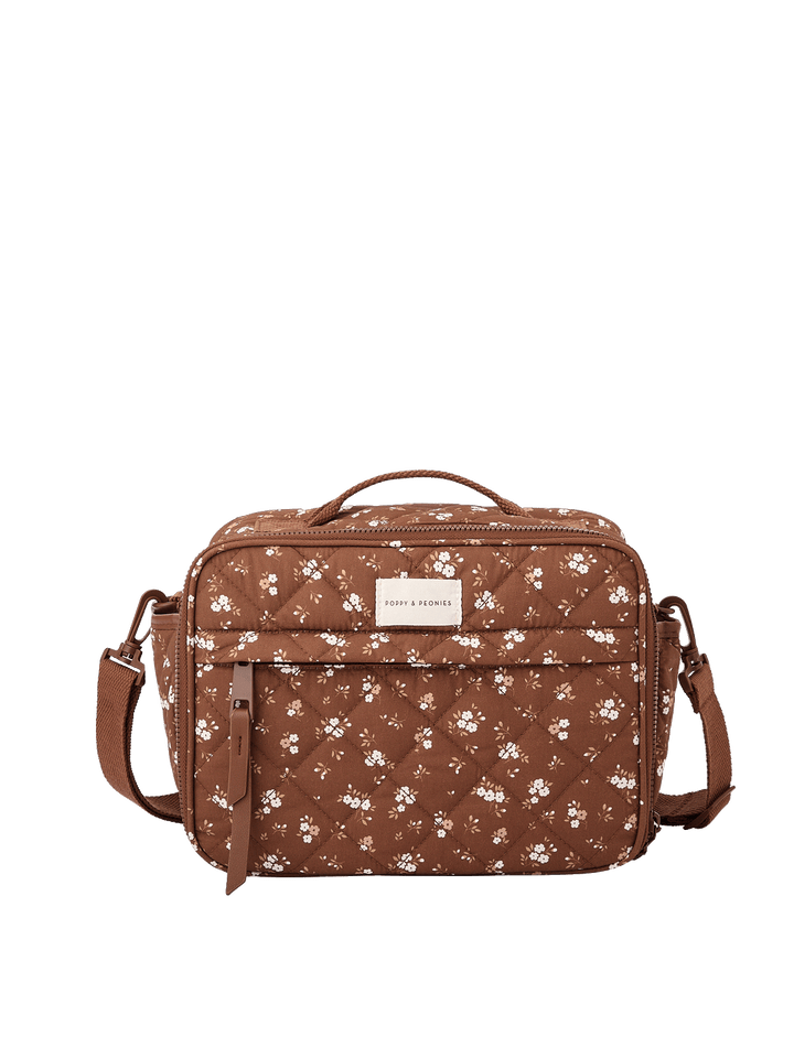 Poppy & Peonies The Lunch Box in Brown Floral with removable crossbody strap.