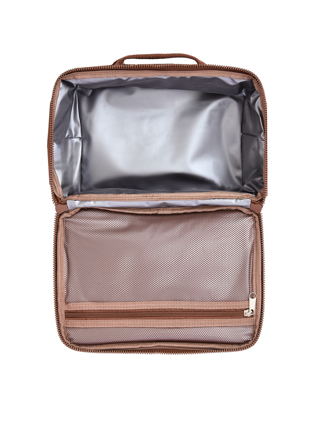 Poppy & Peonies The Lunch Box in Brown Floral open interior with insulated lining and mesh pocket.