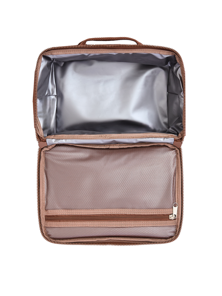 Poppy & Peonies The Lunch Box in Brown Floral open interior with insulated lining and mesh pocket.