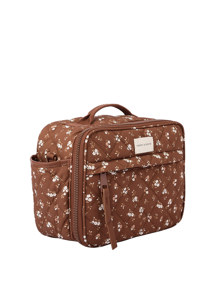 Poppy & Peonies The Lunch Box in Brown Floral angled side view.