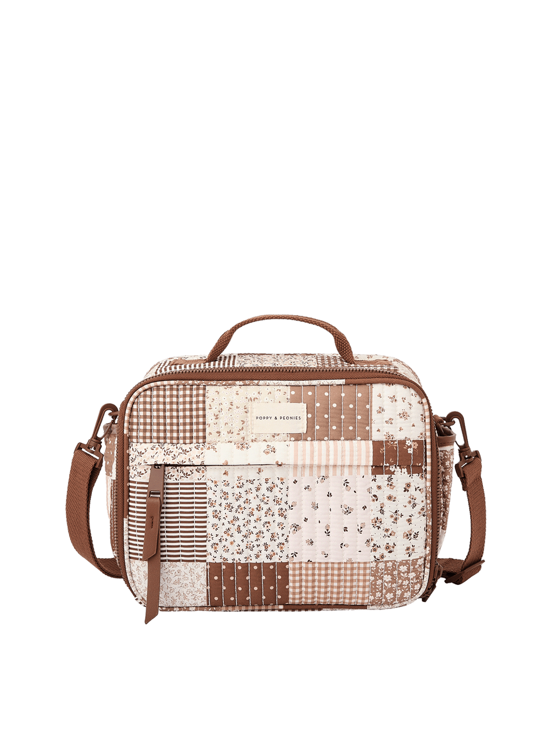 Poppy & Peonies The Lunch Box in Brown Floral with removable crossbody strap. 