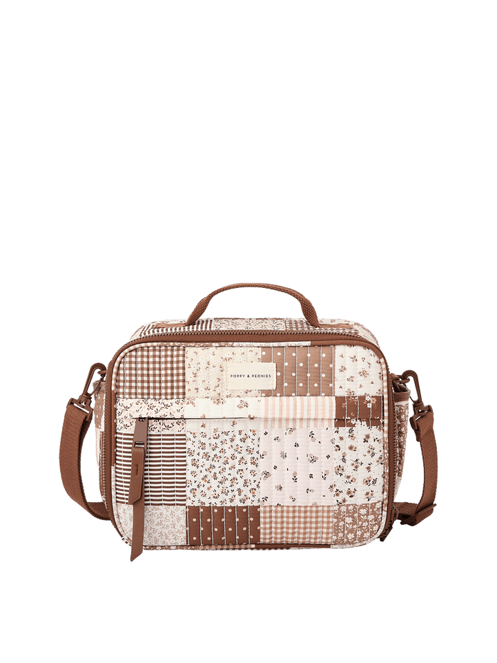 Poppy & Peonies The Lunch Box in Brown Floral with removable crossbody strap. 