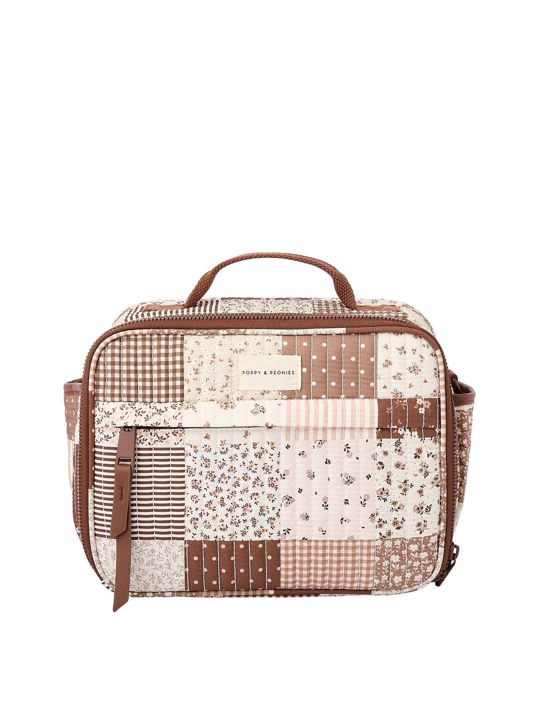 Poppy & Peonies The Lunch Box in Brown Patchwork front view.