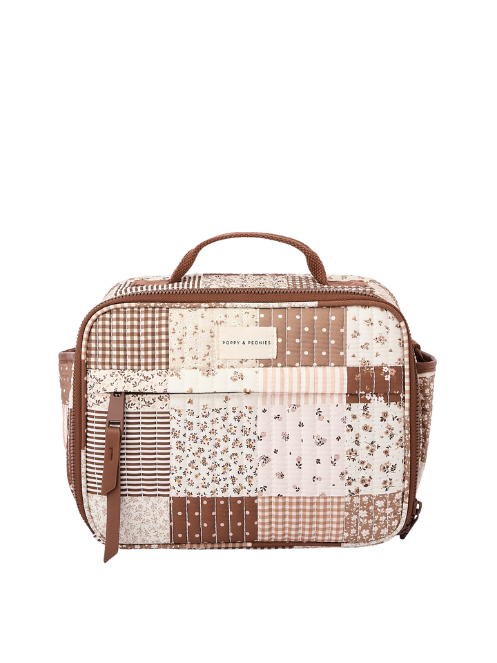Poppy & Peonies The Lunch Box in Brown Patchwork front view.