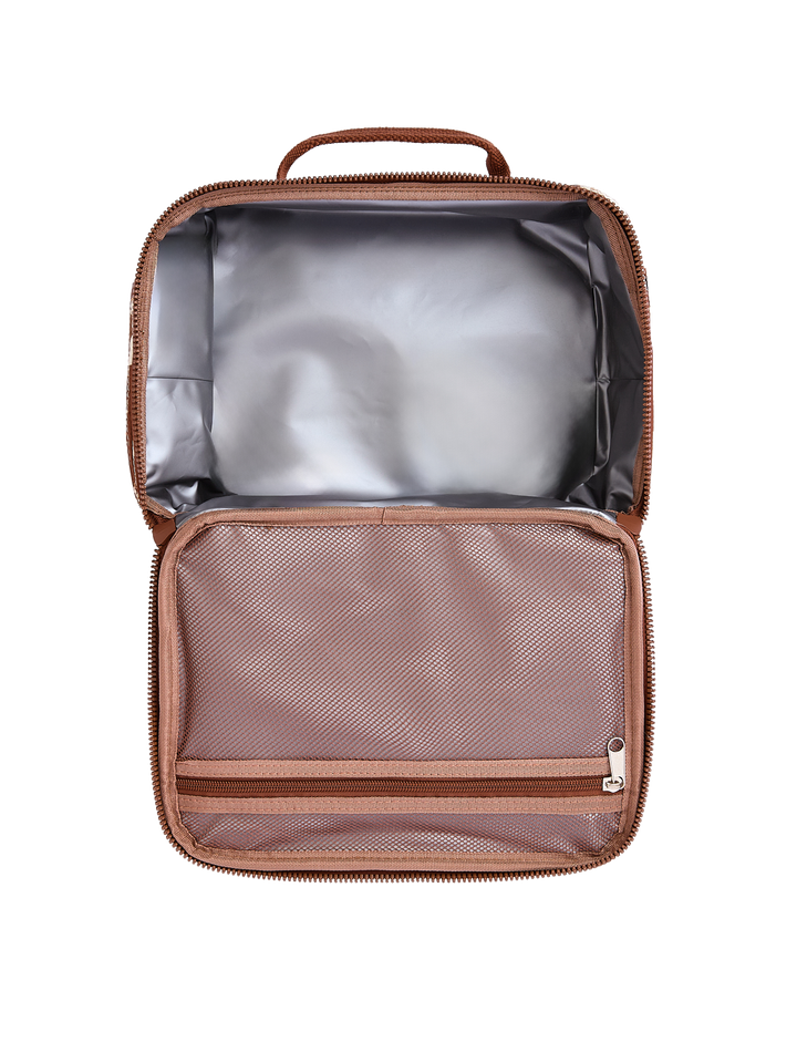 Poppy & Peonies The Lunch Box in Brown Patchwork open interior with insulated lining and mesh pocket.