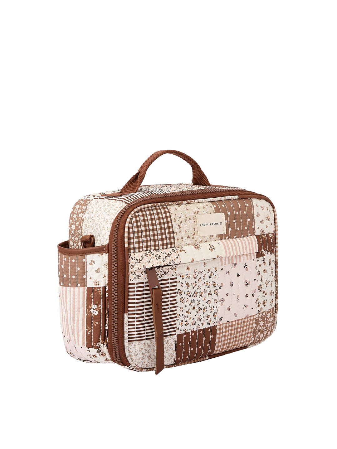 Poppy & Peonies The Lunch Box in Brown Patchwork angled side view.